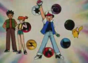A screenshot from the first opening theme, showing the main cast of Pokémon.